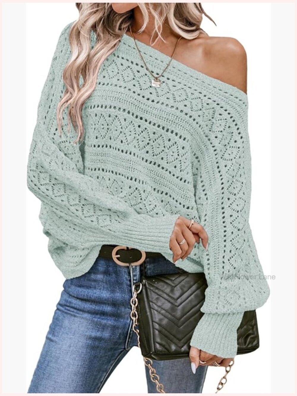 Crochet Boat Neck Long Sleeve Loose Fit Sweater Pullover Women